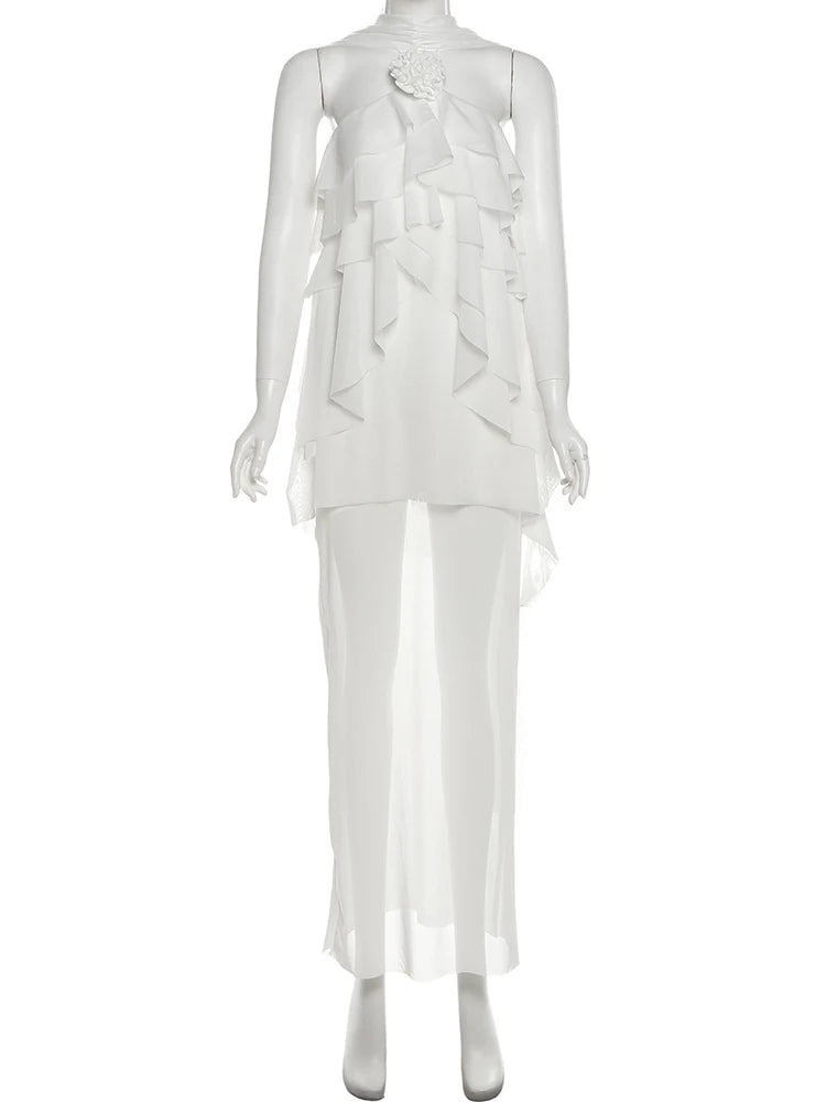 Tierred Maxi Dress Women Halter Elegant Bandage 3D Flowers Tassel Backless Sleeveless Summer Trend Vacation Vestidos