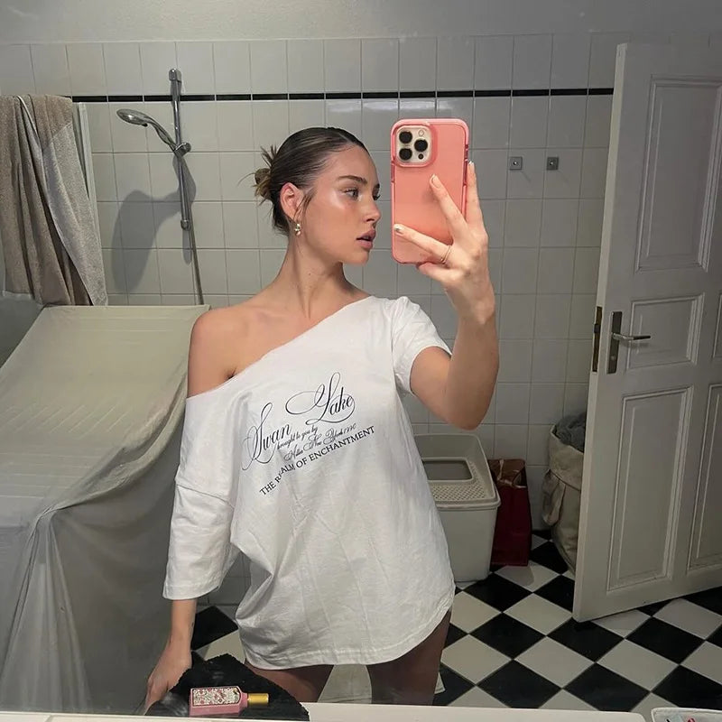 Letter Print Graphic T Shirts White Oversized One Shoulder Tops Womens Summer Fashion Clothing Trends 2024