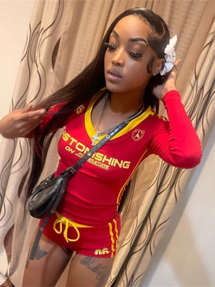 Women Tracksuit 2 Piece Set Sporty Casual Stroke Tight Hipster Letter Print Crop Tops+Shorts Street Matching Outfits