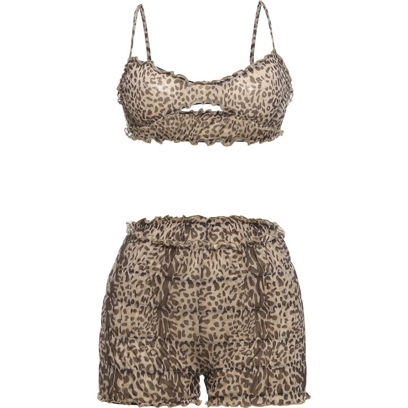 See Through Women 2 Piece Set Sexy Leopard Print Summer Ruffles Camisole+Shorts Vacation Matching Clubwear Outfits