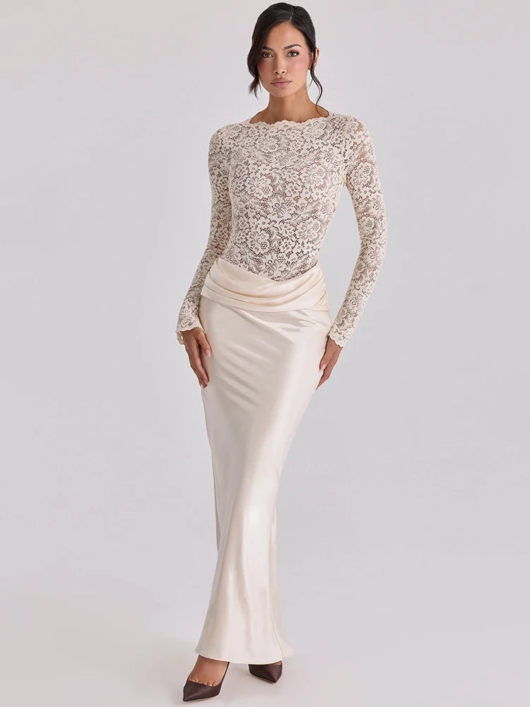 Off Shoulder Lace Satin Maxi Dress Women Elegant Long Sleeve Ruched Bodycon Mermaid Evening Club Party Formal Dress