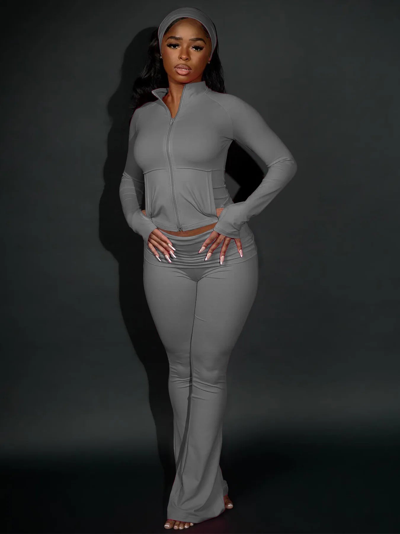 Sexy Tracksuits 3-Piece Set Women Zip Pocket Jacket+Folded Waist Pants+Headband Matching Casual Simple Sporty Outfits