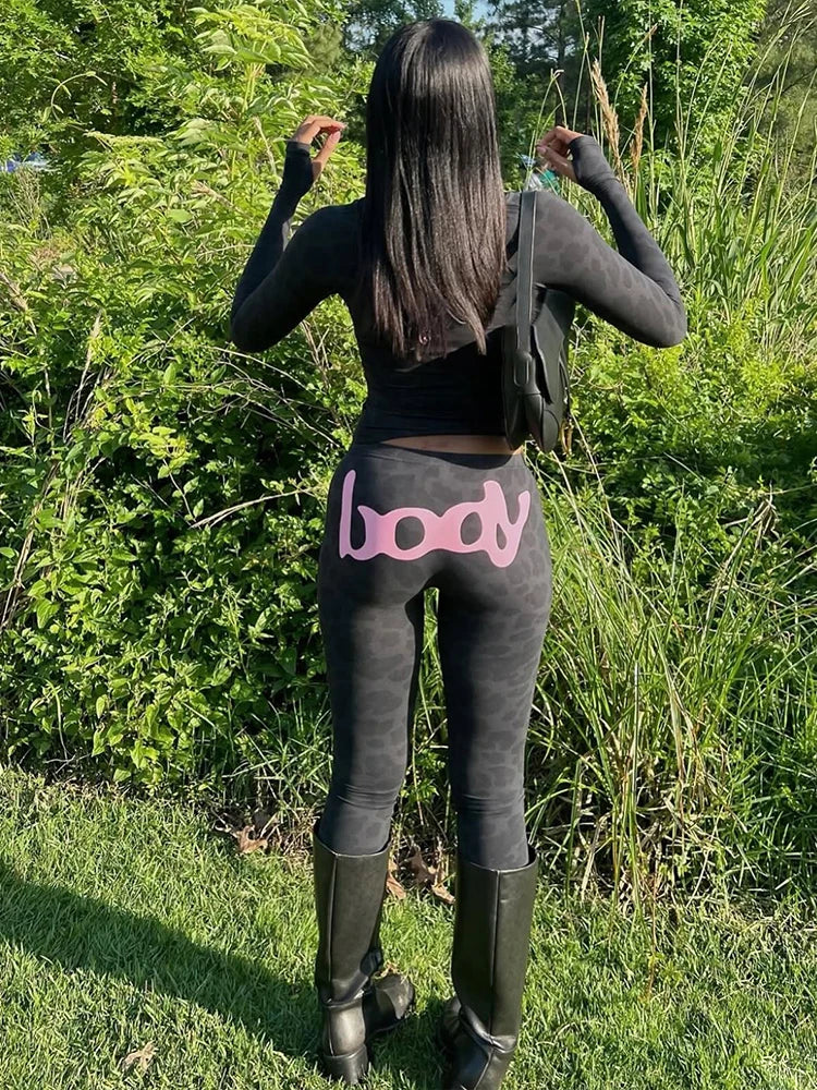 Letter Leopard Print 2 Piece Set Women Casual Zip Hooded Crop Jacke+Leggings Matching Stretch Sporty Street Outfits