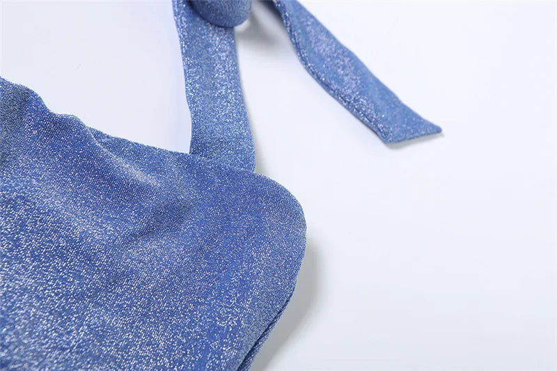 Halter Neck Backless Fishtail Maxi Dress Blue Glitter Elegant Sexy Party Dresses Woman Summer