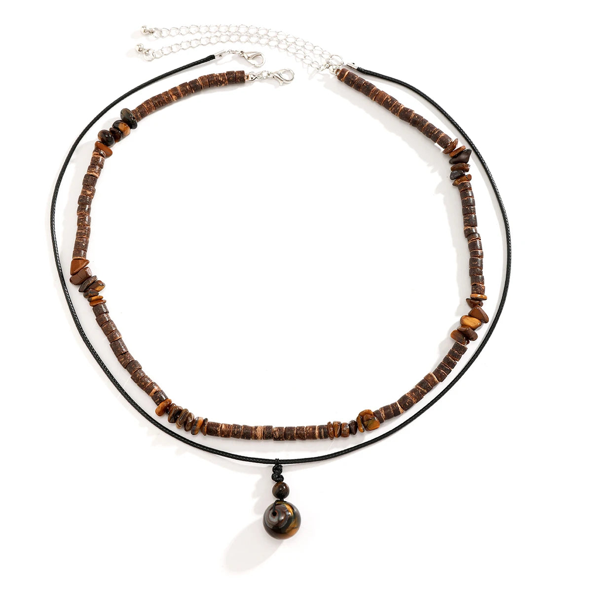 2Pcs/Set Bohemian Round Natural Stone Pendant Necklace for Men Vintage Ethnic Wood Bead Chokers Male Fashion Jewelry Accessories