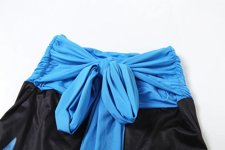 Sexy 2-Piece Set Women Halter Swing Collar Backless Tank Tops+Print Patchwork Tassels Folds Skirt Chic Vacation Suit