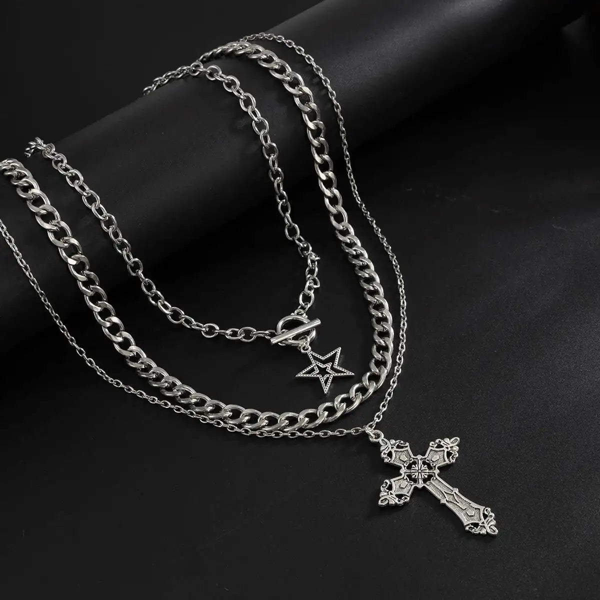 3 Pcs/Set Hip Hop Punk Silver Color Cross Star Pendant Necklace Men Kpop Creative OT Buckle Chain Necklace Daily Jewelry