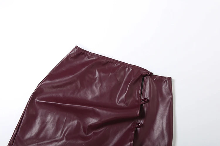 Retro PU Leather 2 Piece Set Woman V-Neck Single Button Full Sleeve Jackets+Irregular Skirts Office Style Elegant Suits