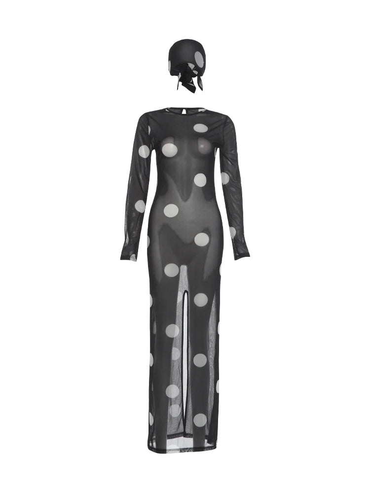 Mesh See Through Long Dress+Headscarf Woman Autumn Trend Polka Dot Print o-Neck Full Sleeve Sexy Fashion Vestidos