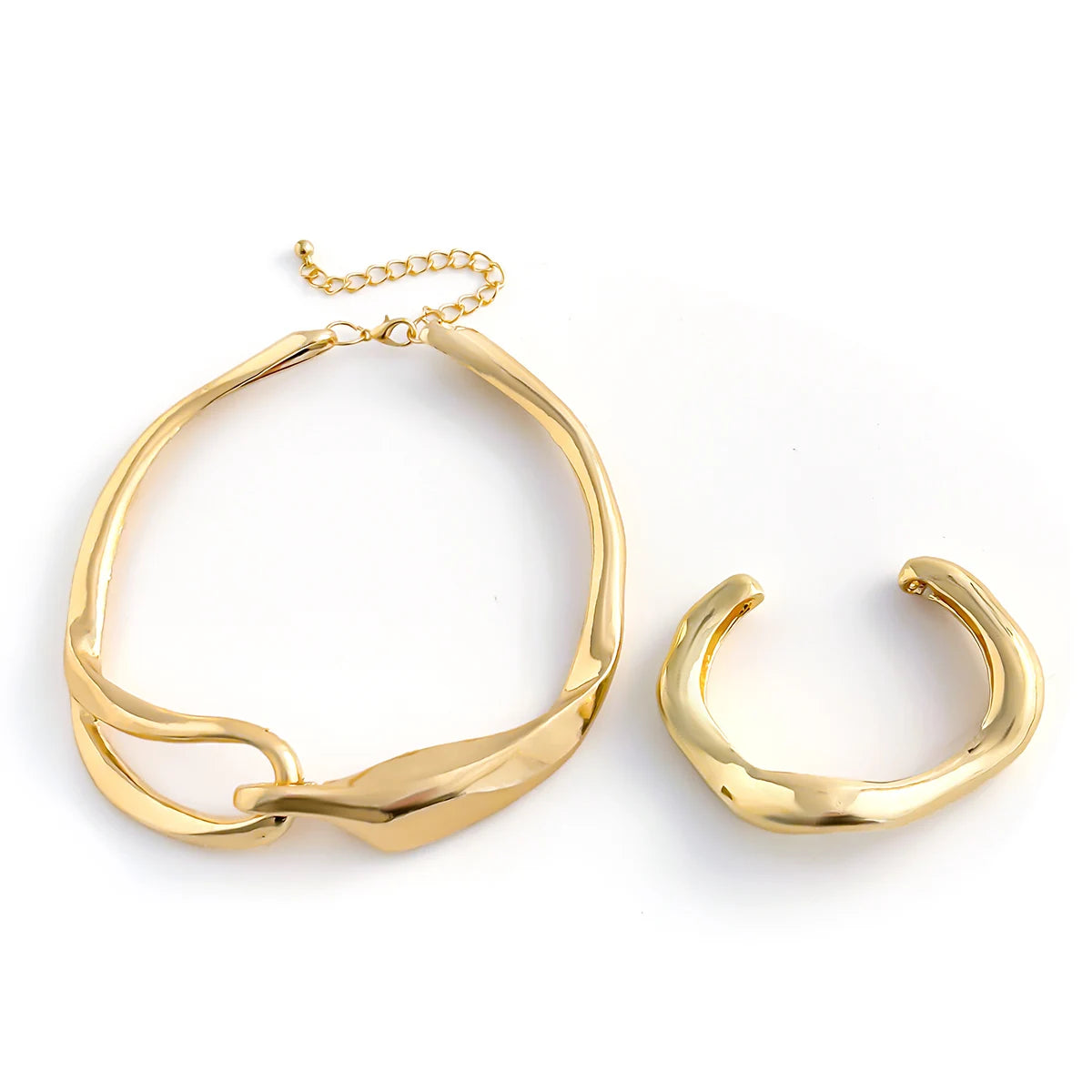 2Pcs Exaggerated Chunky Heavy Metal Big Torques Necklace Women Punk Goth Irregular Open Cuff Bangle Grunge Jewelry Set Steampunk