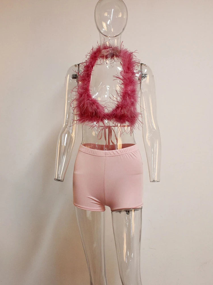 Sexy 2 Piece Set Women Mini Furs Tank Tops+Tight Stretch Shorts Y2K Summer Hipster Midnight Clubwear Party Outfits