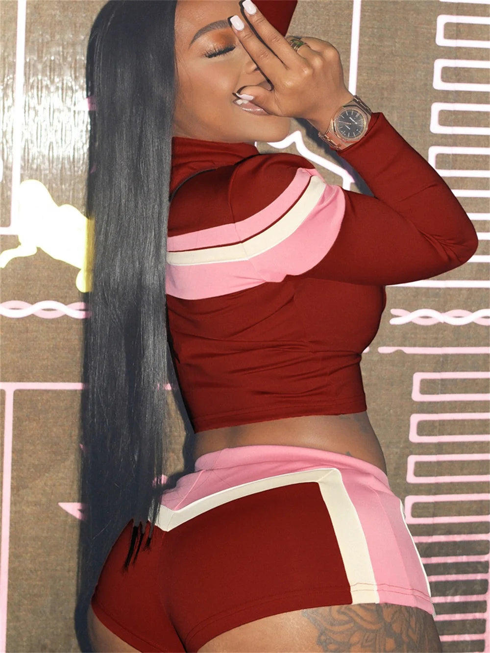 Patchwork 3 Piece Set Women Zip Crop Tops+Bra+Shirring Mini Shorts Matching Casual Streetwear Stretch Slim Tracksuit