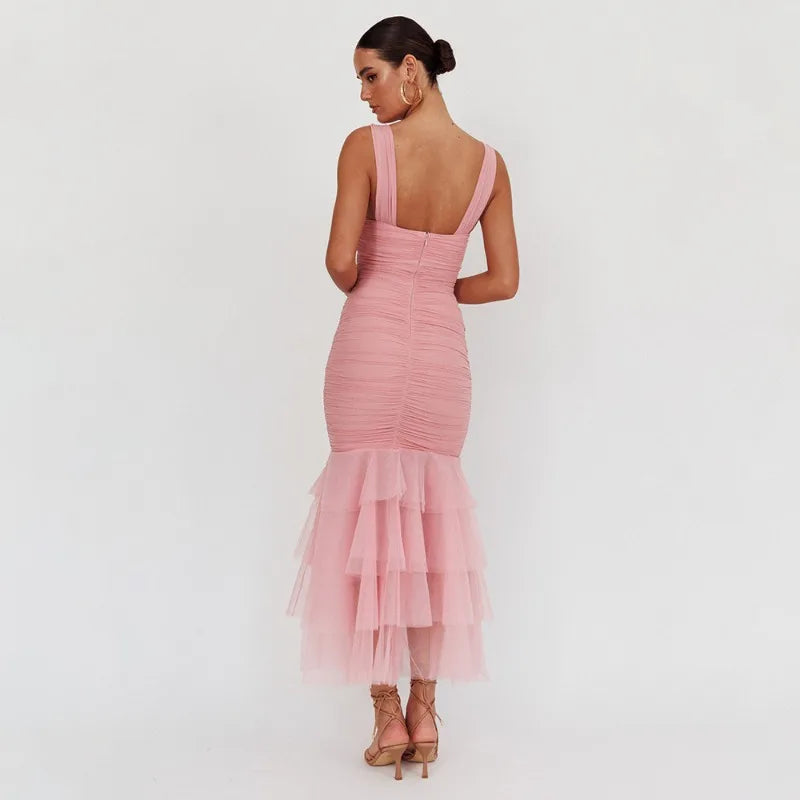Woman Sleeveless Backless Tiered Long Dresses Summer Elegance Sexy Solid Evening Party Dresses Luxury 2025