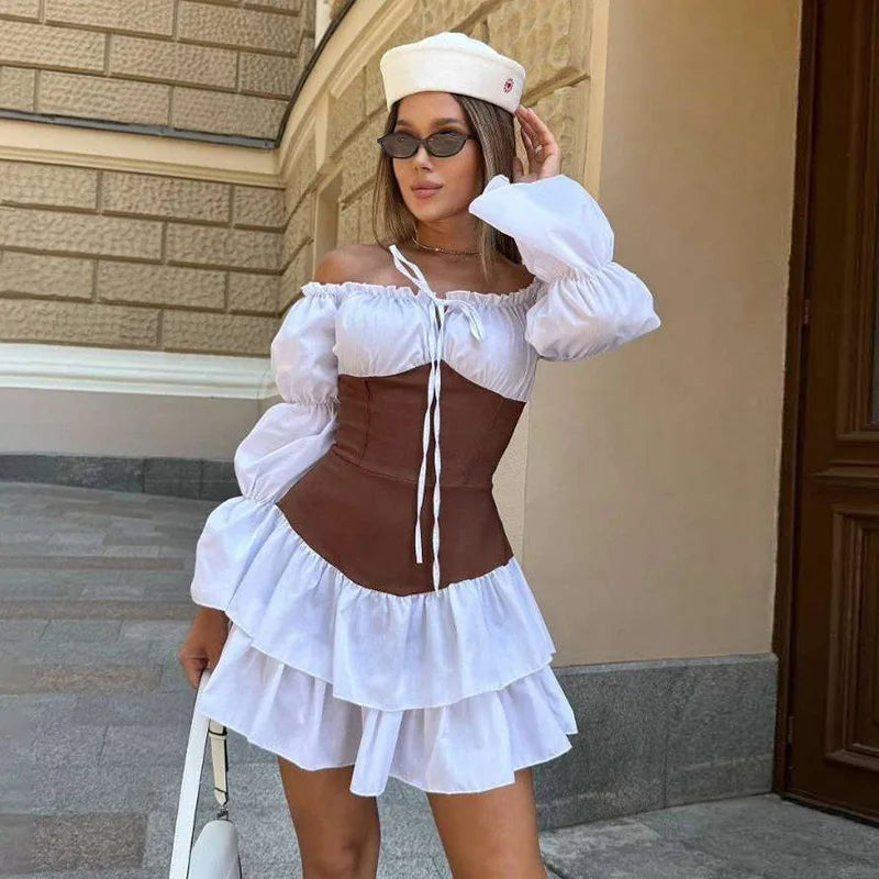 Off The Shoulder Long Sleeve Short Dresses for Woman 2025 Autumn Fashion Patchwork Corset Dress