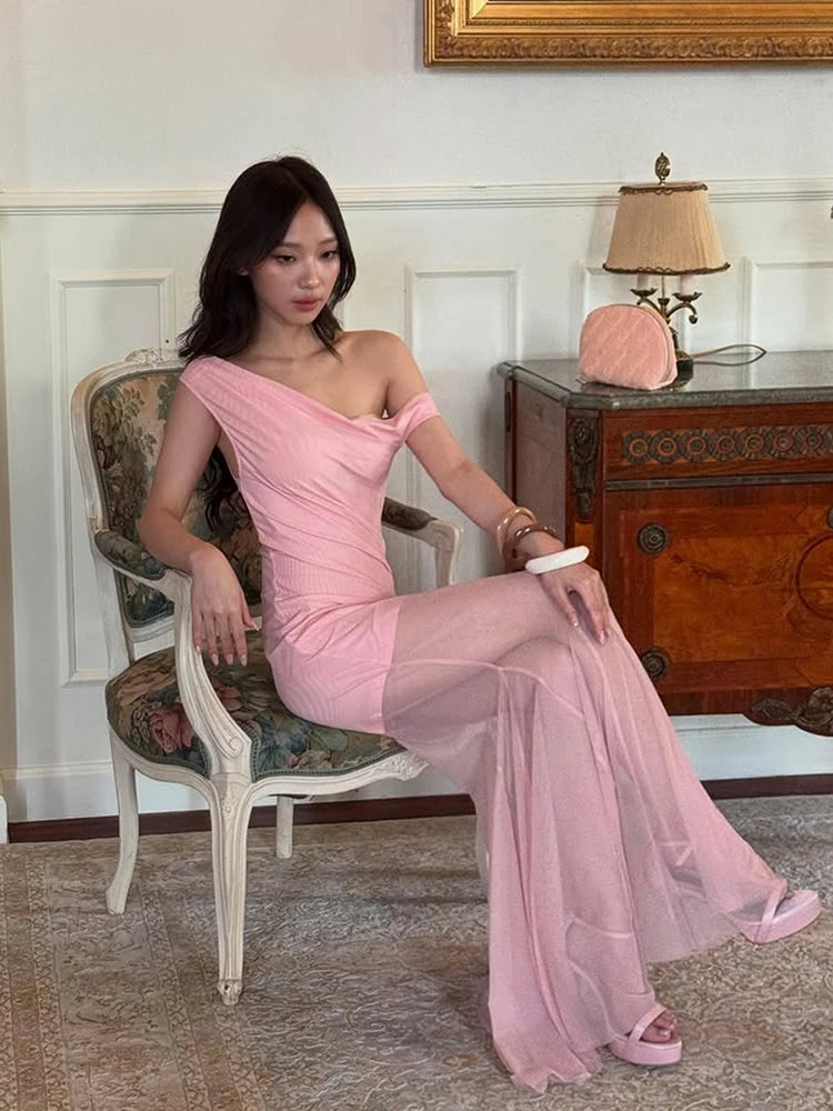 Slanted Collar Maxi Dress Women Sexy Patchwork Hem Fishtail Skinny Elegant Summer Vacation Birthday Party Vestidos