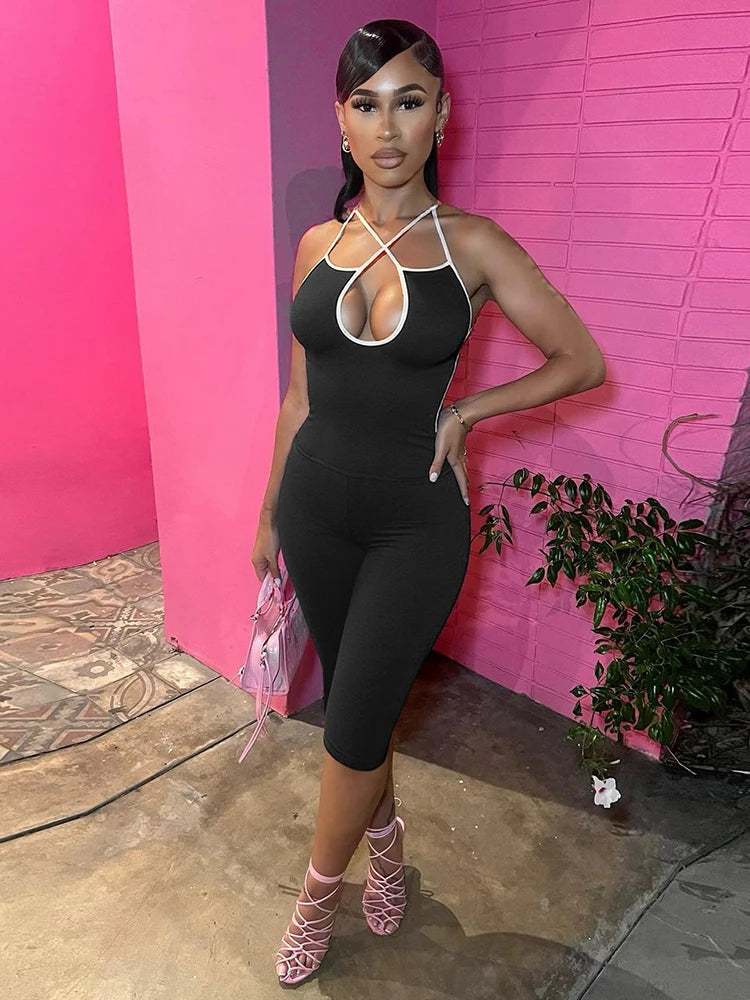 Casual Tracksuit 2 Piece Set Women Contrast Lace-Up Halter Backless Camisole+Stretch Pants Simple Fashion Outfits