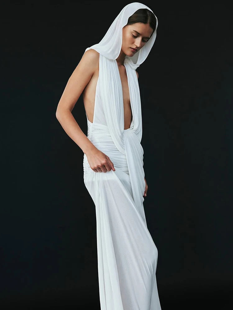 Ruched Elegant Dress Women Sexy Deep V-Neck Sleeveless High Elasticity Wrap Buttocks Beach Party Solid Long Bodycon