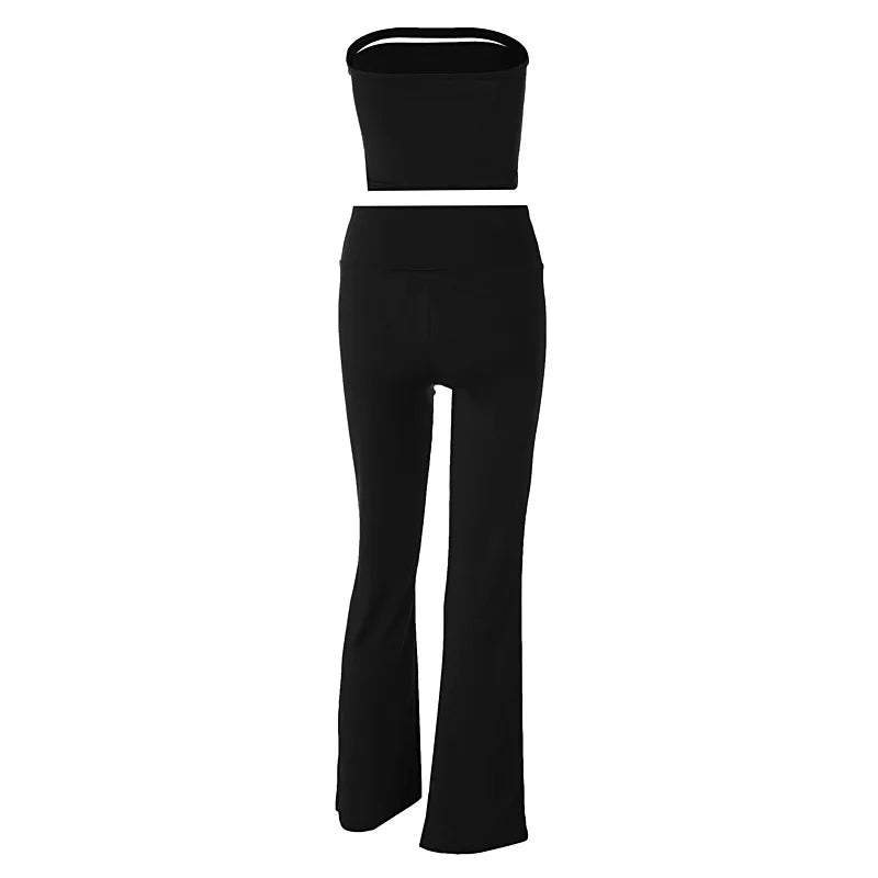 Sexy Black 2 Piece Set Cut Out Tube Top Flare Pants Kylie Jenner Outfits Women Trending Clothing Summer