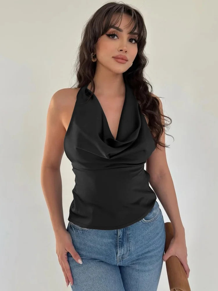 Woman Summer Top Elegant Sexy Backless Halter Tops Solid Satin Tanks & Camis