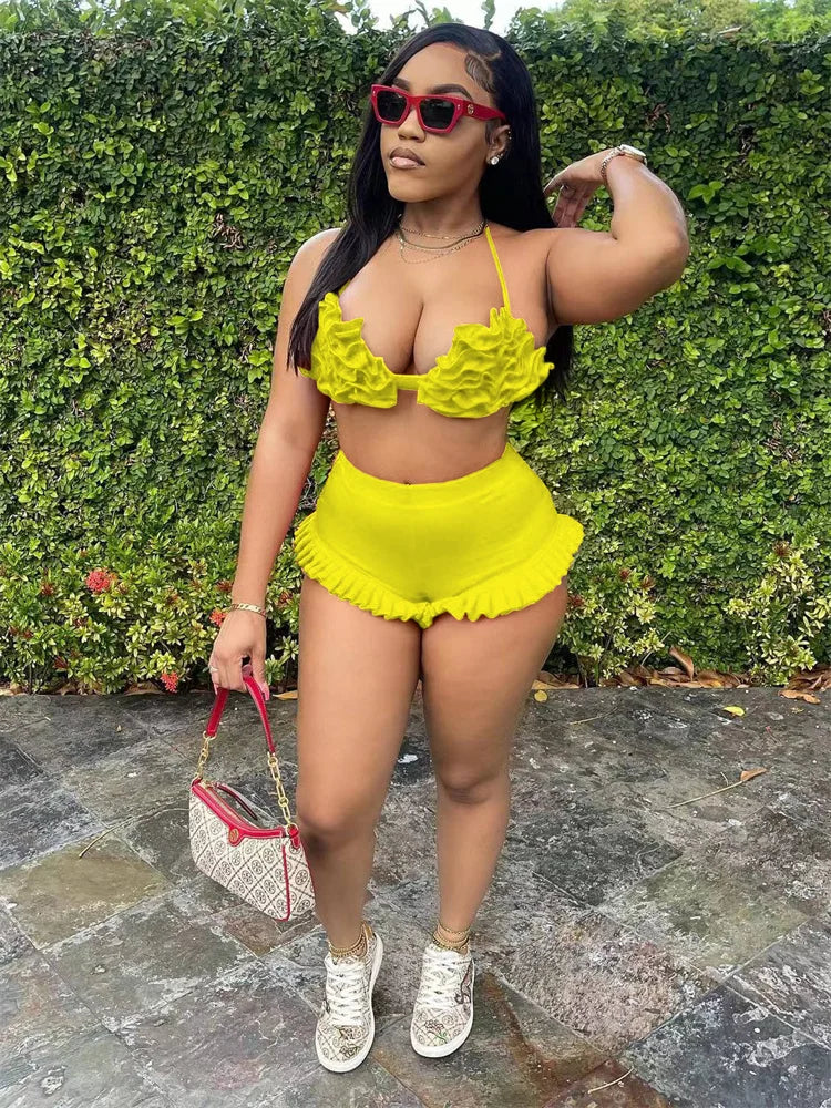 Beach Style 2 Piece Set Women Haltere Backless Ruched Bra+Ruffles Skinny Skirts Vacation Fashion Sexy Hipster Outfits