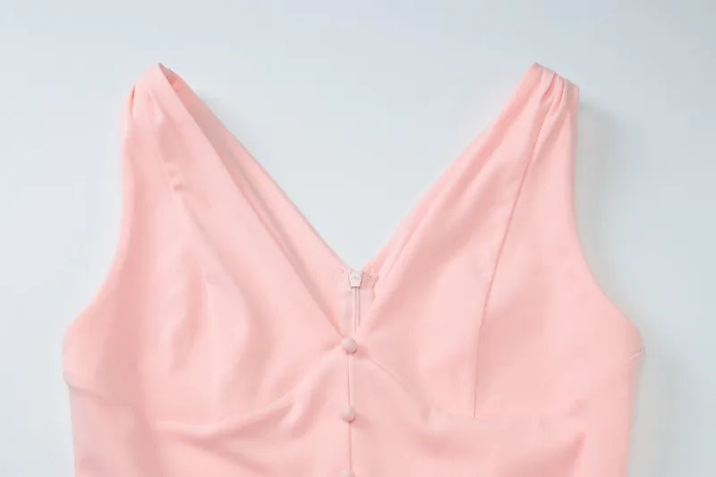 V-neck Sleeveless Long Dresses Chiffon Patchwork Pink French Style Elegant Dresses for Woman Clothing