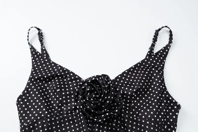 Polka Dot Print Black Elegant Dress 3d Flower-applique Deep V Neck Backless Long Split Dresses for Summer