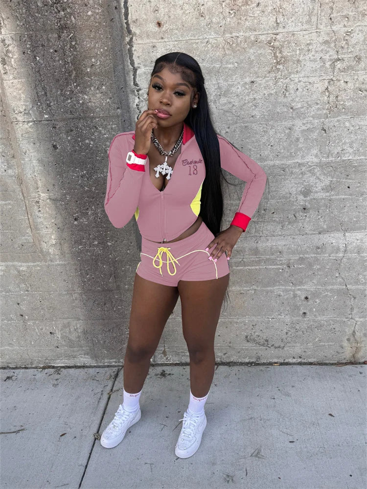 Casual Tracksuit 2-Piece Set Women Patchwork Zip Letter Print Jacket+Drawstring Shorts Matching Simple Sporty Outfit