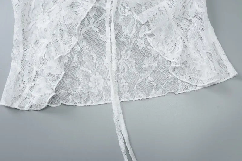 See Through Lace White Shirts & Blouses Tie Front V-neck Cardigan Long Sleeve Top Sexy Woman Clothes