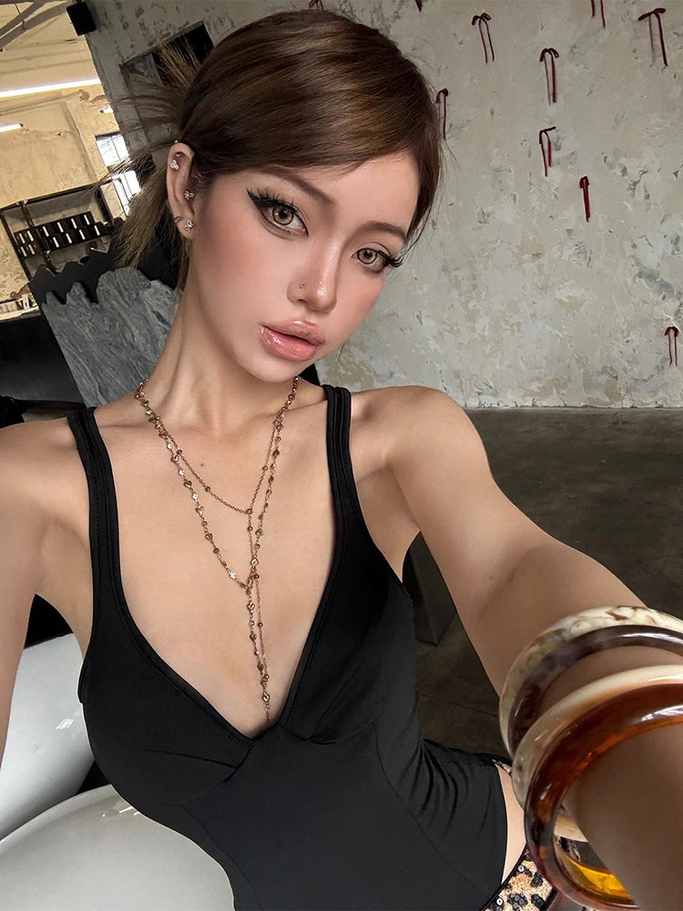 Low-Neck Bodysuit Women Sleeveless Backless Skinny Summer Fashion Simple Classic Midnight Hottie Street Clubwear Tops