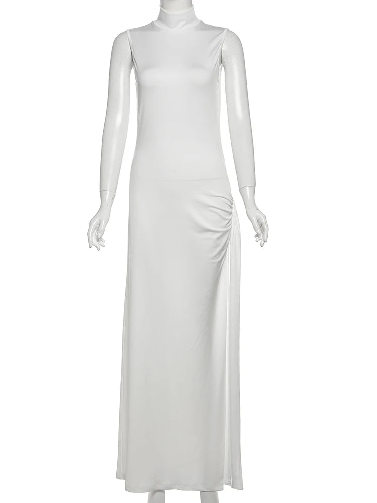 Sexy Fashion Maxi Dress Women Turtleneck Sleeveless Ribbon High Splits Gown Midnight Prom Party Elegant Long Bodycon