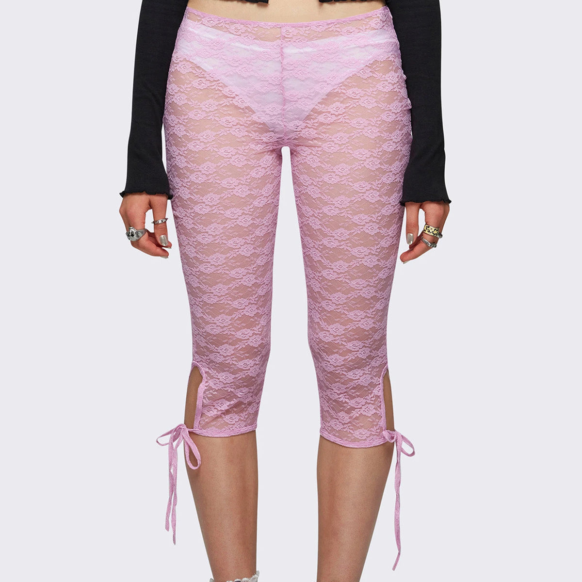 Lace Capri Leggings for Women Y2k Mesh See Through Pants Fairycore Floral Lace Tights Pants for Daily Streetwear
