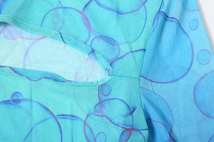 See Through Sexy Dress Women Hollow Hipster Colorful Print Skinny Stretch Midnight Party Clubwear Fishtail Bodycon