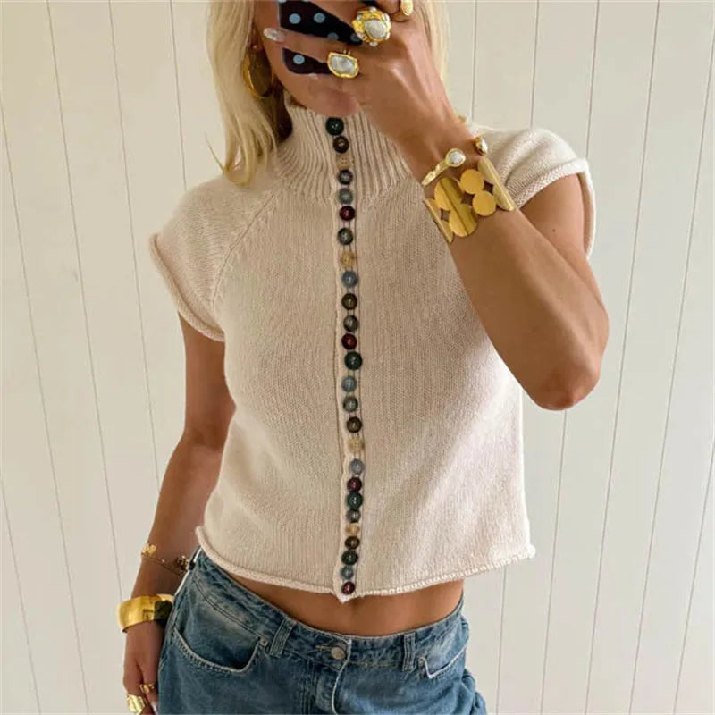 Women's Slim Fit Lightweight Sweater Shirt Elegant Colorful Button Down Short Sleeve Mock Neck Knit Cardigan Streetwear