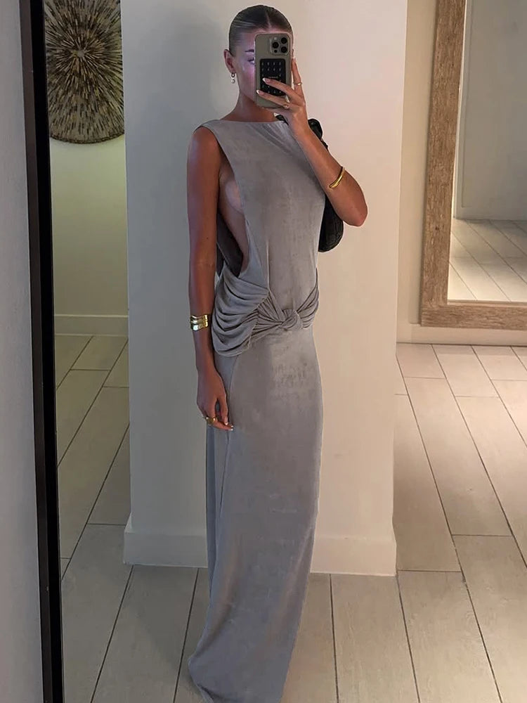 Backless Hollow Cross Dress Thin Sleeveless Ruched Knot Cinched Waist o-Neck Solid Simple Sexy Summer Trend Vestidos