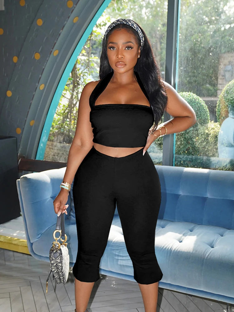 Casual Tracksuit 2 Piece Set Women Halter Backless Tank Tops+Skinny Peach Hip Pants Fashion Classic Sporty Outfits