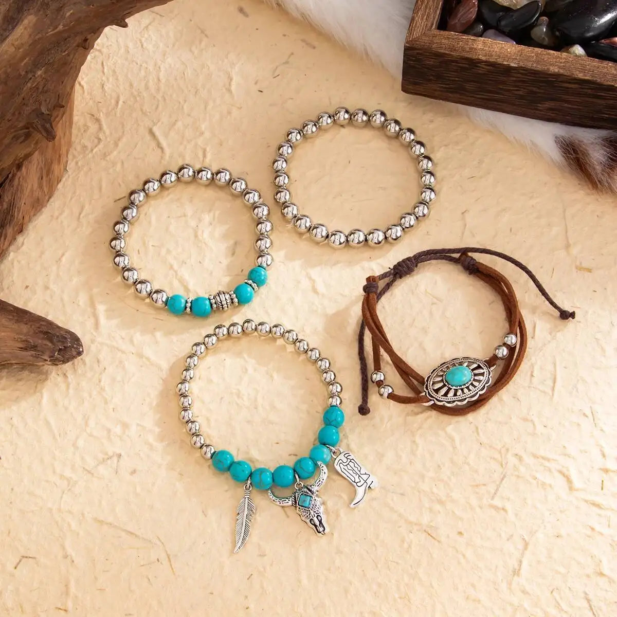 4Pcs/Set Ethnic Vintage Feather Pendant Round Beads Bracelets for Women Creative Adjuatable Rope Chain Party Jewelry