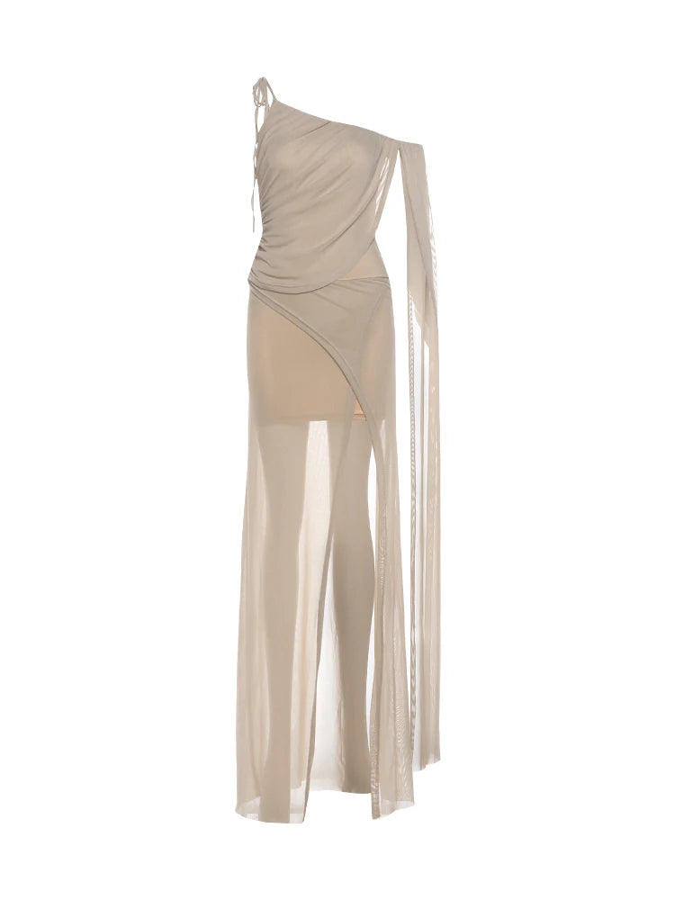 High Side Slit Maxi Dress Women Sleeveless Slanted Shoulder Mesh Tassel Solid Skinny Elegant Dinner Party Vestidos