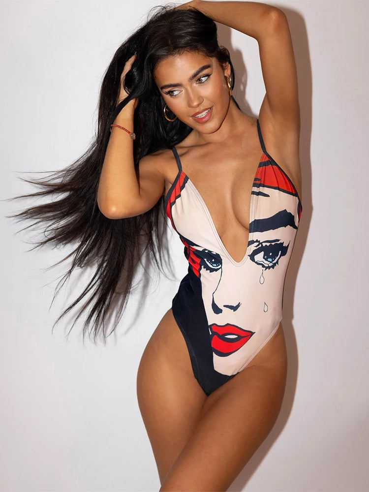 Doodle Print Bodysuit Women Beach Vacation Deep v-Neck Sleeveless Tight Stretch Wild Hipster Midnight Club Body Tops