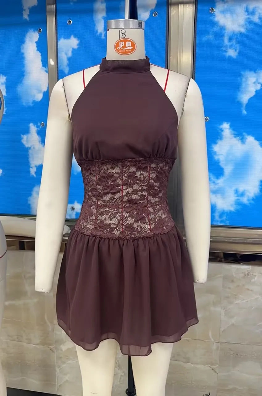 Women Mini Dress Sleeveless Halter Dress Backless Lace Patchwork Summer Party Club Dress Vacation Beachwear
