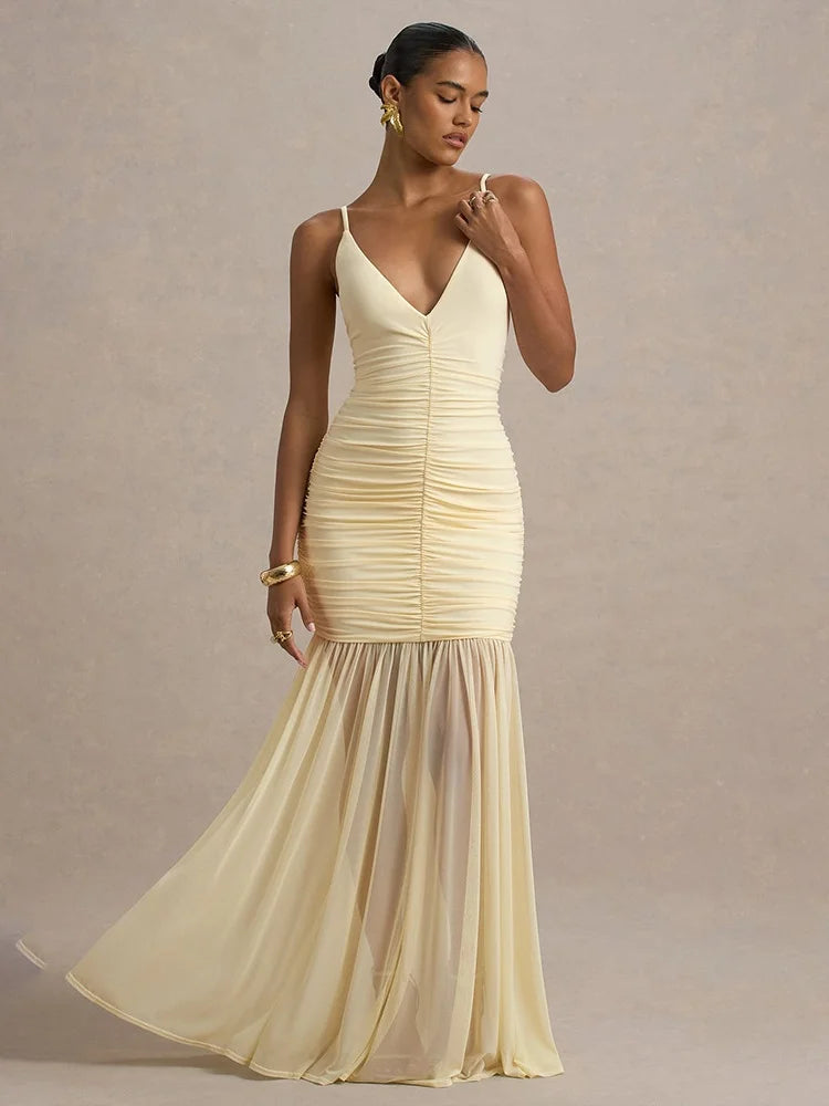 Deep V Neck Sleeveless Backless Pleated Long Dresses See Through Mesh Patchwork Elegant Party Dresses