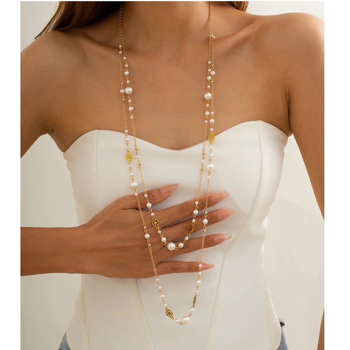 2Pcs/Set Temperament Imitation Pearl Long Chain Necklace for Women Fashion Statement Goth Sweather Link Neck Jewelry