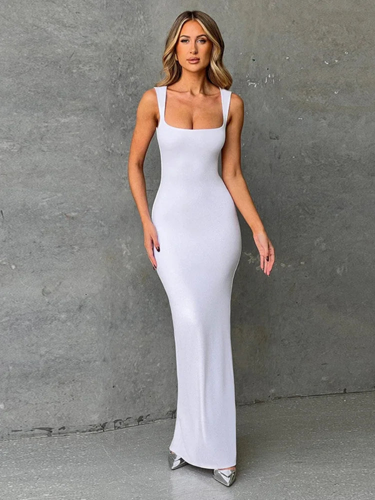 Square Neck Sleeveless Long Dress Red Black White Dresses Woman Elegant Party Sexy Summer Clothes