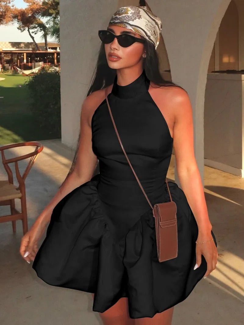 Halter Backless Bubble Short Dresses Elegant White Black Summer Dress Woman Clothing 2025