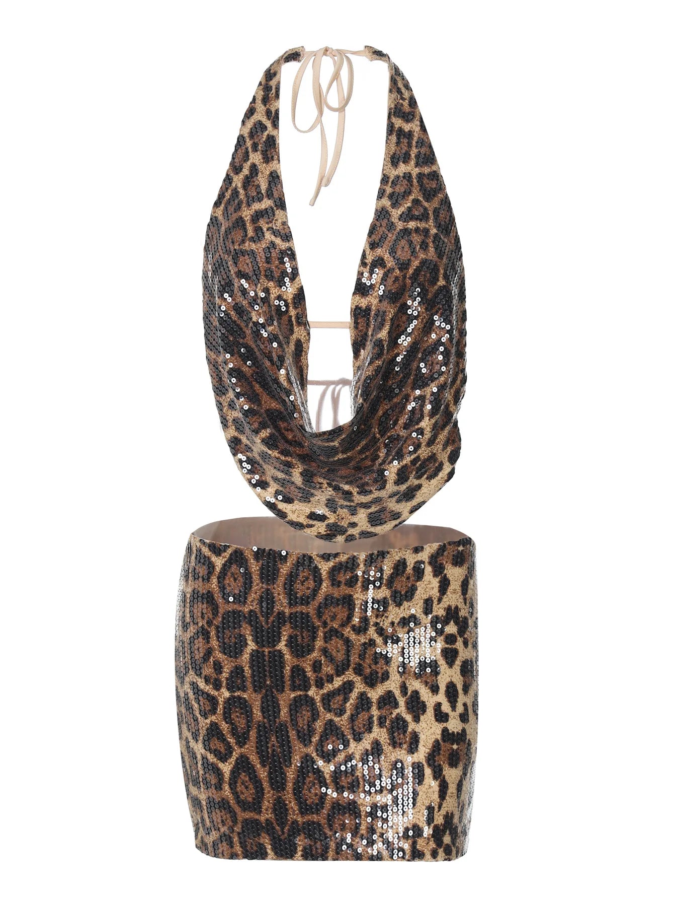 Leopard Print Sequin Backless Halter Top and Mini Skirt Two Piece Set Women Sexy Going Out Club Outfits