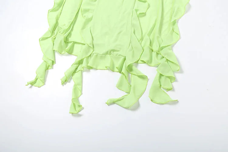 Sexy Fashion 2 Piece Set Women Halter Low-Neck Backless Tank Tops+Ruffles Tassel Splits Hem Skirts Wild Style Outfits