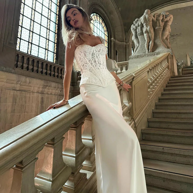 Elegant Two Piece Sets for Women Lace Corset Top and Satin Maxi Skirt White Party Outfits Summer 2025