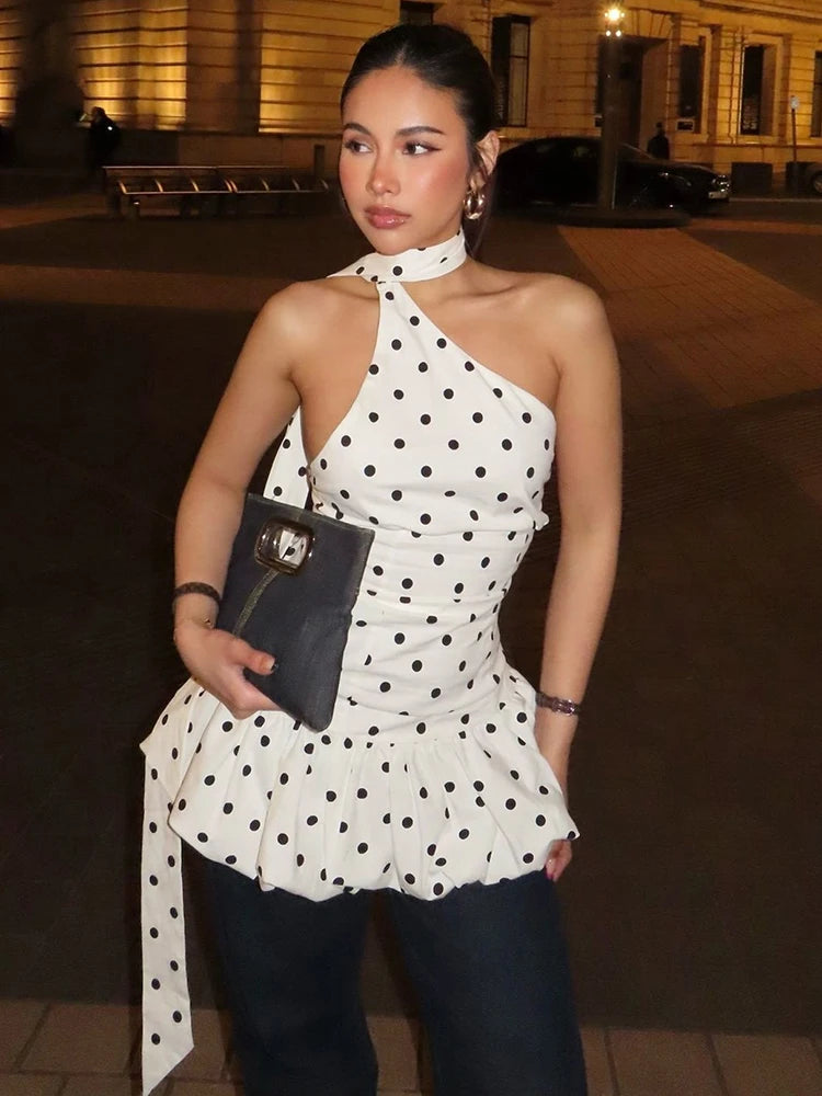 Polka Dot Print Dress Women Slanted Shoulder Scarf Folds Puffy Hem Summer Fashion Elegant Street Skinny Mini Bodycon