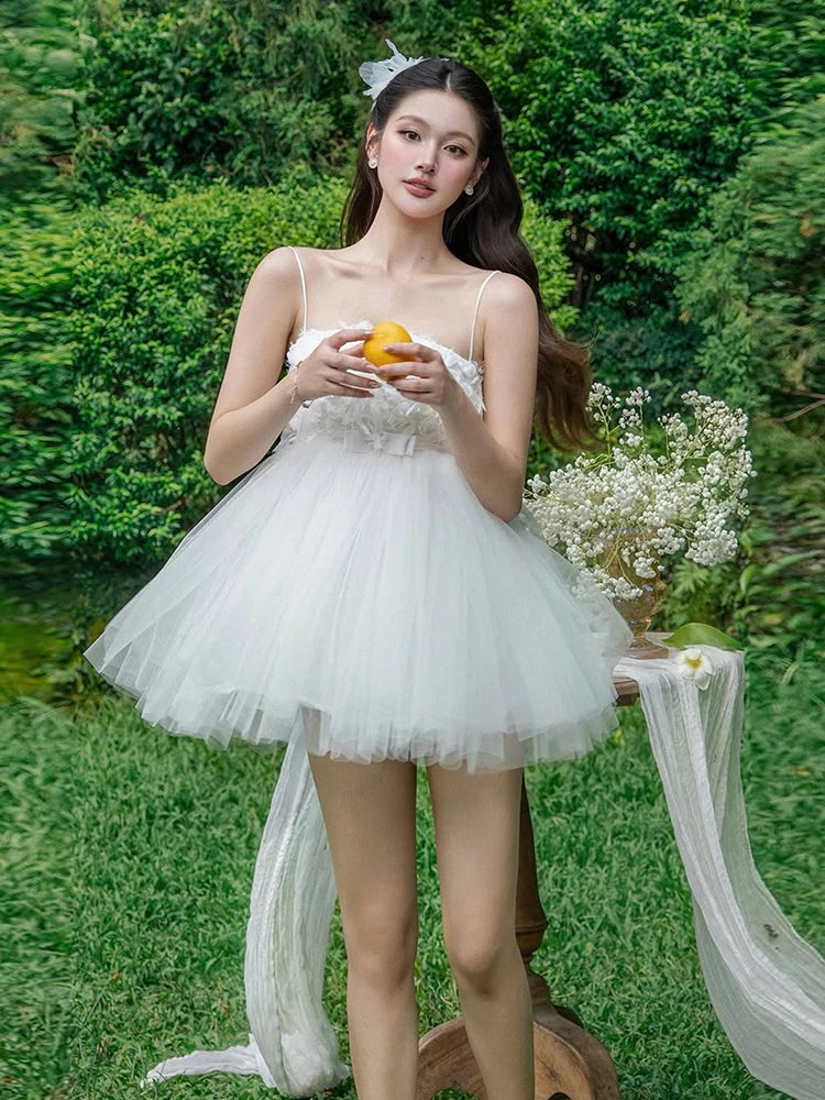 Puffy Hem Dress Women Feather Tassel Bow Decoration Sweet Style Fashion Summer Birthday Party Elegant Mini Bodycon