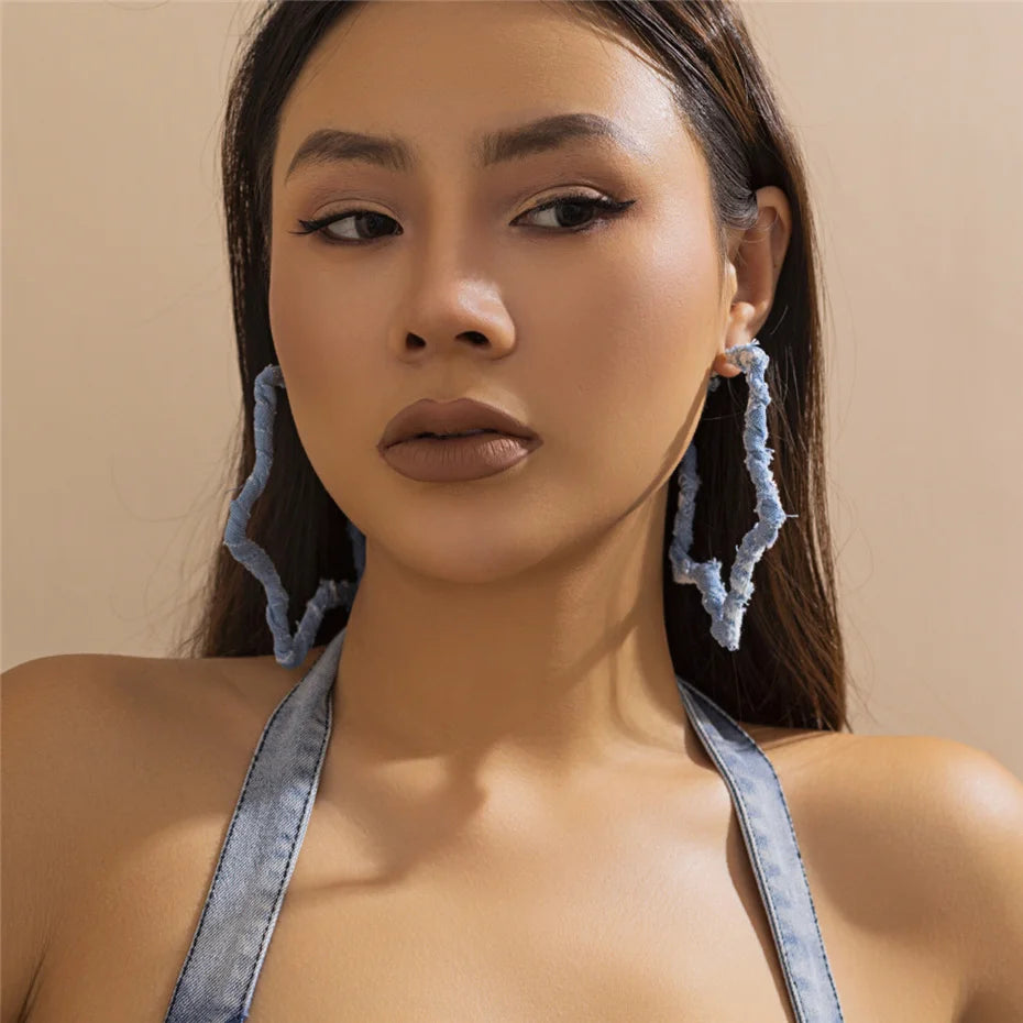 High Quality Exaggerated Blue Denim Hoop Earrings for Women Vintage Big Star Round Triangle Square Geometric Earring Y2K Jewelry
