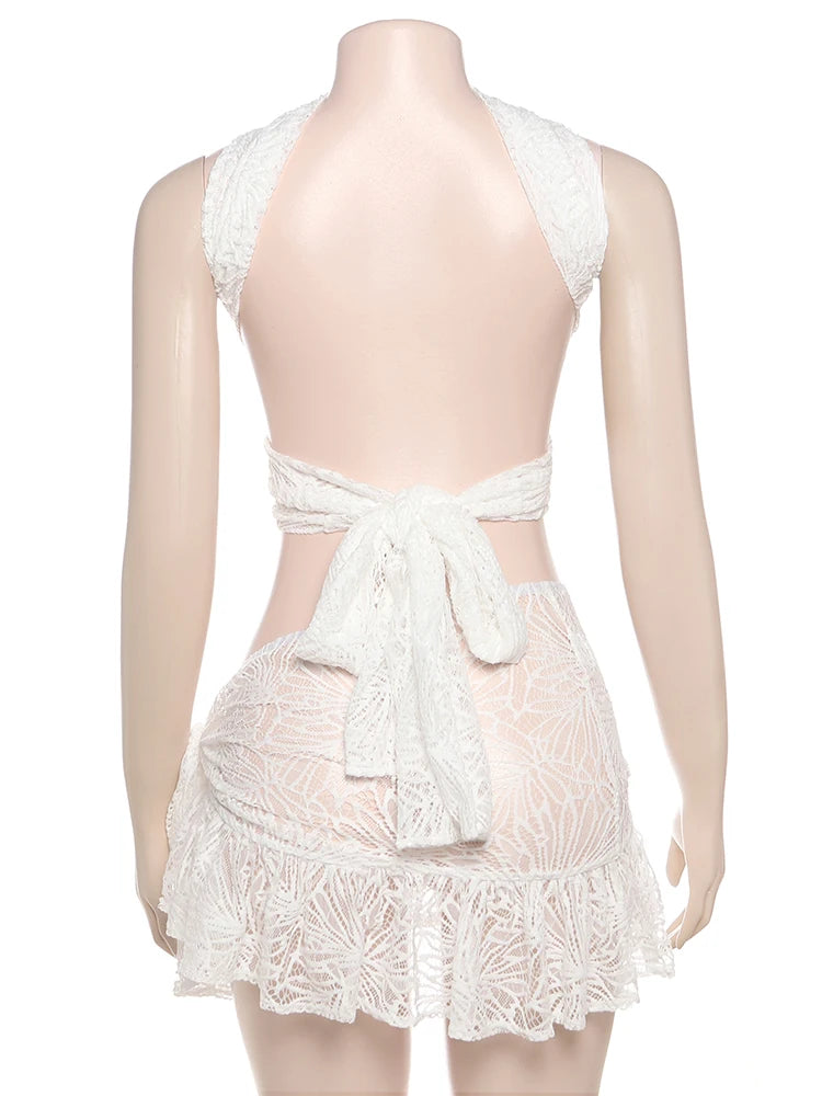 Sexy See Through 2 Piece Set Women Halter Cross Low-Neck Bandages Mini Tops+Ruched Lace-Up Skirts Y2K Style Outfits